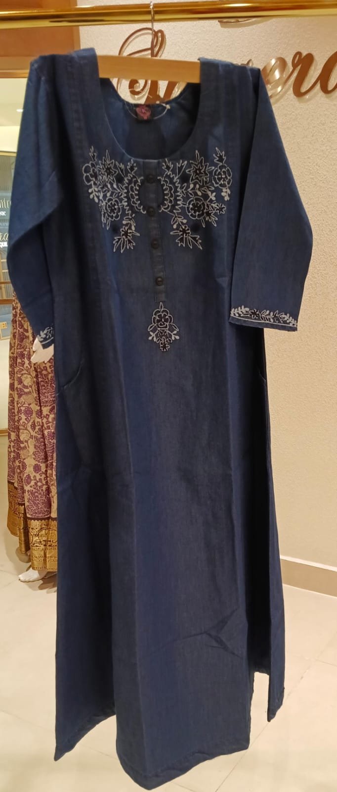 Dark Denim Embroidered Straight Kurti