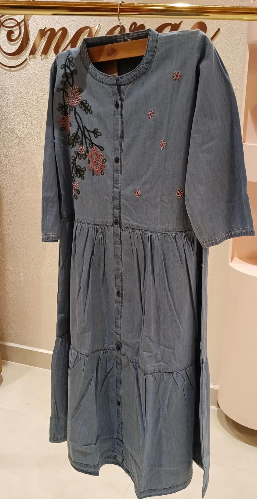 Embroidered Denim Tiered Dress